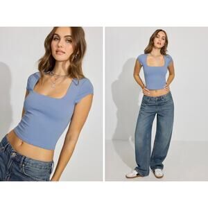 GARAGE Portia Square Neckline T Shirt in English Manor Blue sz. M